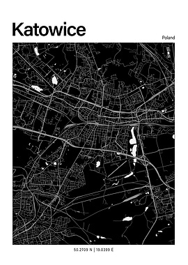 Katowice Black and White Map