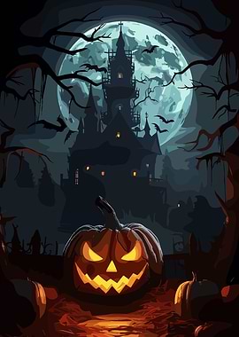 Halloween Night with Pumpkin and Castle
