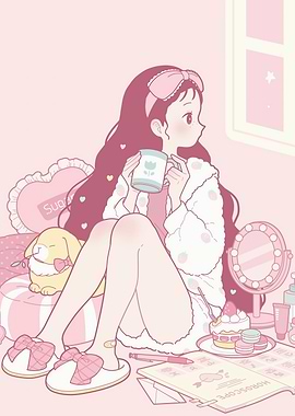 Pink Room Girl with Coffee