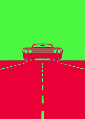 Red Car on Road, Green Background