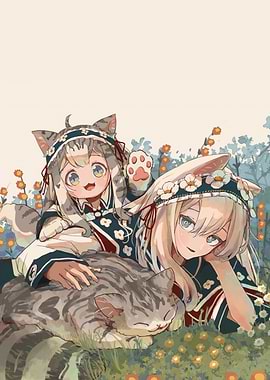 Anime Girls with Cat and Flowers