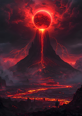Volcanic Eruption with Red Moon