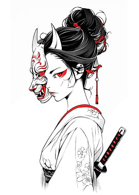 Geisha with Oni Mask Digital Art