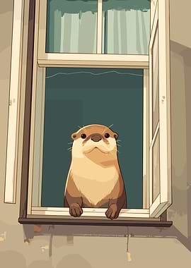 Otter Looking Out Window Illustration