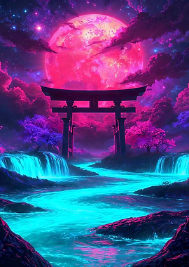 Neon Torii Under a Crimson Moon