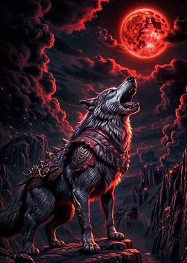 Armored Wolf Howling Red Moon