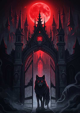 Wolf in front gothic castle gate