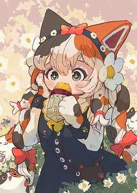 Anime Girl with Cat Features Eating