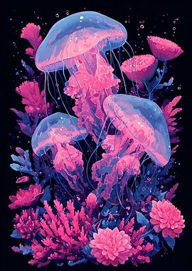 Pink and Blue Jellyfish Underwater Scene