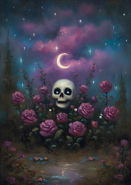 Skull, Roses, and Crescent Moon Painting