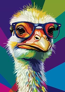 Colorful Ostrich Portrait with Glasses