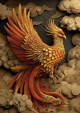 Golden Phoenix Rising Amidst Clouds