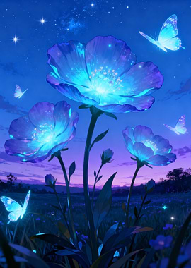 Glowing Flowers and Butterflies at Night