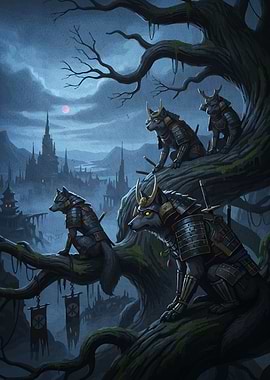 Samurai Wolves Fantasy Landscape