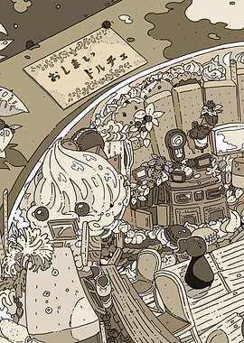 Sepia-toned Dessert Shop Illustration