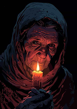 Old Woman Holding Candle in Darkness