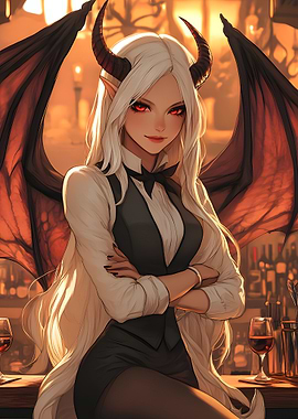 Halloween Succubus Anime Bartender with Wings and Horns Japan Anime Style