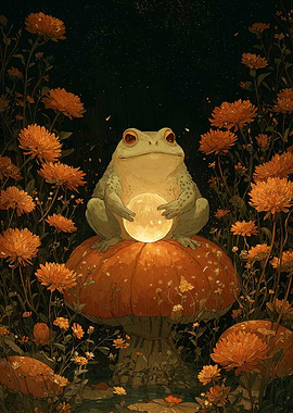 Frog on Mushroom Holding Glowing Orb