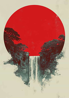 Japanese Waterfall with Red Sun