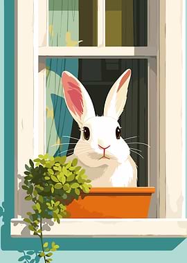 Rabbit in Window with Plant
