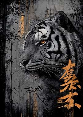 Tiger Portrait with Bamboo and Calligraphy