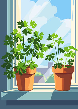 Potted Plants on Windowsill Illustration