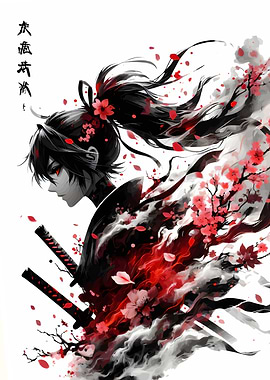 Anime Samurai with Cherry Blossoms