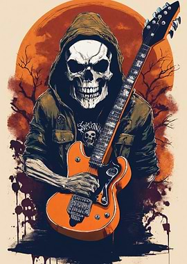 Skull Guitarist with Orange Guitar