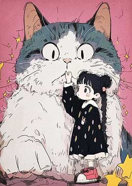 Girl and Giant Cat Illustration