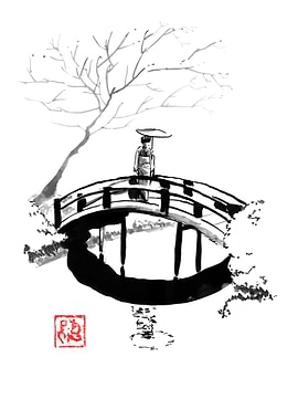 Japanese Bridge with Geisha Ink Painting