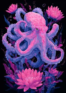 Octopus with Lotus Flowers Illustration