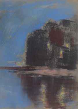 Nighttime Waterfront Pastel Drawing