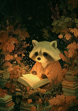 Raccoon Reading Book in Forest