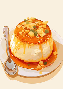 Delicious Caramel Pudding with Spoon
