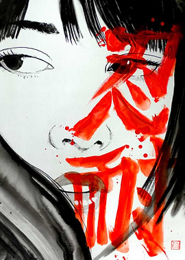 Asian Woman with Red Calligraphy Art Nintai