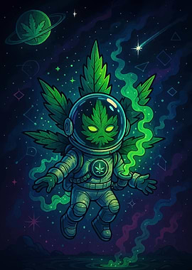 Astronaut with Marijuana Leaf in Space