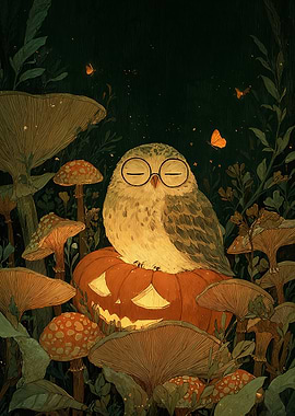 Owl on Pumpkin in Mushroom Forest