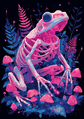 Neon Frog Skeleton in Mushroom Forest