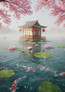 Japanese Tea House with Koi Pond