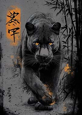 Black Panther with Bamboo and Text