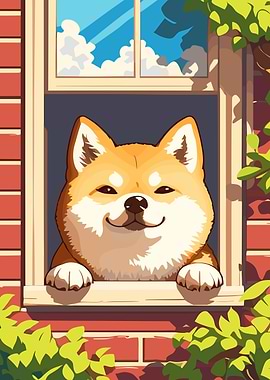 Smiling Shiba Inu in Window