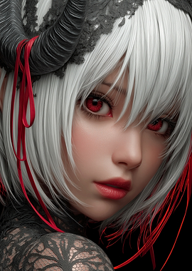 Demon Girl Portrait with Red Eyes