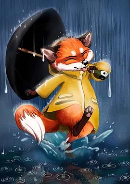 Joyful Fox in Rain