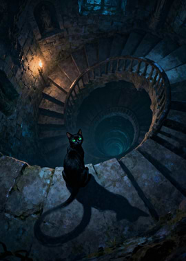 Black cat on spiral staircase