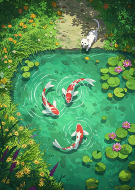 Koi Pond with Cat and Lilies