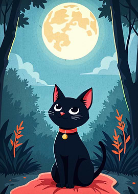 Black Cat Under Moonlight Cartoon Illustration
