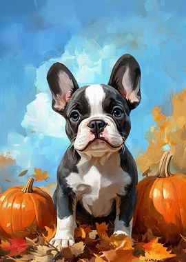 Boston Terrier Puppy with Pumpkins | Fall Dog Print