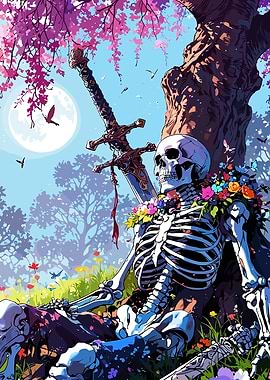 Resting Skeleton with Sword and Flowers