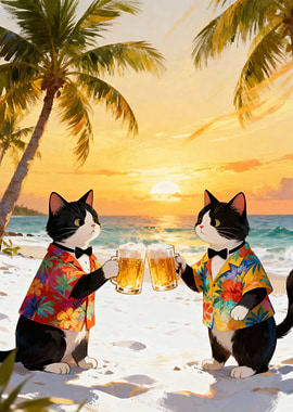 Cats on the beach with beer