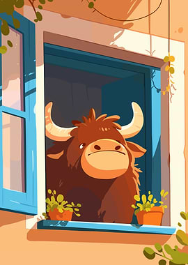 Cartoon Bull in Window Illustration